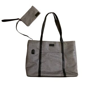Large Grey Canvas and Black Pleather Laptop/ Work Tote Bag with Detachable Pouch